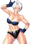  1girl \m/ absurdres angel_(kof) arikawa armpits bare_shoulders belt blue_eyes blush bra breasts cleavage erect_nipples female gloves hand_on_hip highres king_of_fighters large_breasts legs looking_at_viewer midriff naughty_face navel panties short_hair simple_background smile solo standing strapless_bra thighs tongue tongue_out underwear very_short_hair white_background white_hair 