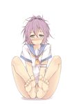  aoba_(kantai_collection) aqua_eyes arms_between_legs barefoot blush bottomless covering covering_crotch feet foreshortening hair_ornament kantai_collection looking_at_viewer perspective ponytail purple_hair sawamura_aoi school_uniform short_hair soles solo thighs toe_scrunch toenails toes 