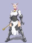  animal_ears armor blue_eyes breasts collar cow_ears cow_tail cowbell female hair human kukobuchi long_hair mammal plain_background weapon white_hair 