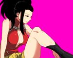  arm_at_side asymmetrical_hair bad_id bad_pixiv_id bare_arms bare_shoulders belt beltskirt black_eyes black_footwear black_hair boku_no_hero_academia boots breasts center_opening cleavage closed_mouth from_side hair_over_shoulder half-closed_eyes high_ponytail knee_up large_breasts leotard long_hair looking_down outstretched_arm pink_background ponytail profile red_leotard sidelocks simple_background single_sidelock sitting solo thighs wide_ponytail yagiushi_(sinnpatilove) yaoyorozu_momo 
