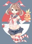  bike_shorts blue_eyes brown_eyes brown_hair cosplay crop_top elbow_gloves full_body gen_3_pokemon gloves groin hair_ribbon haruka_(pokemon) holding holding_poke_ball jumping kantai_collection kuro_guren looking_at_viewer midriff navel open_mouth poke_ball pokemon pokemon_(creature) pokemon_(game) pokemon_oras ribbon shimakaze_(kantai_collection) shimakaze_(kantai_collection)_(cosplay) sidelocks skirt solo_focus striped striped_legwear torchic white_gloves 