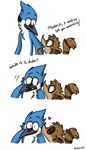  &lt;3 2014 anthro avian bird black_eyes blue_feathers blue_jay blush brown_fur cartoon_network cute english_text fur gay male mammal mordecai_(regular_show) plain_background raccoon regular_show rigby_(regular_show) teeth text tongue xiamtheferret 