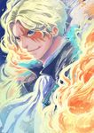  1boy blonde_hair cravat fire headwear_removed high_resolution highres jacket magic male male_focus one_piece reflection sabo_(one_piece) scar solo 
