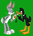  anthro avian bird black_feathers bugs_bunny carrot daffy_duck duck fur grey_fur lagomorph looney_tunes mammal plain_background rabbit teeth tongue warner_brothers white_fur xiamtheferret 