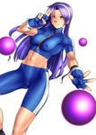  1girl abs absurdres arikawa asamiya_athena ball breasts erect_nipples fingerless_gloves gloves hairband highres king_of_fighters legs long_hair looking_at_viewer midriff navel purple_hair salute simple_background small_breasts solo spandex standing thighs toned white_background yellow_eyes 