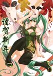  absurdly_long_hair absurdres arm_support black_legwear center_opening china_dress chinese_clothes dress goat green_eyes green_hair happy_new_year hatsune_miku highres long_hair mask new_year onceskylark sandals sitting tabi thighhighs twintails very_long_hair vocaloid 