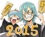  2boys ^_^ aqua_hair brown_hair closed_eyes grin hakama headband inazuma_eleven_(series) inazuma_eleven_go japanese_clothes kariya_masaki kimono lightning_bolt lowres male_focus multiple_boys nishizono_shinsuke open_mouth overexposure riho simple_background smile white_background 