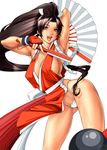  1girl absurdres arikawa armpits black_hair breasts cleavage fan female fingerless_gloves folding_fan gloves happy highres japanese_clothes king_of_fighters knot large_breasts legs long_hair looking_at_viewer open_mouth ponytail rope shiranui_mai simple_background smile solo standing thighs thong white_background yellow_eyes 