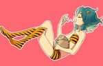  animal_print bikini boots closed_eyes cosplay crossdressing eating full_body green_hair horns inazuma_eleven_(series) inazuma_eleven_go kariya_masaki lum lum_(cosplay) male_focus masu open_mouth rice riho setsubun simple_background solo swimsuit tiger_print urusei_yatsura 