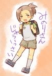  backpack bag blush brown_eyes brown_hair child full_body idolmaster idolmaster_side-m kneehighs male_focus ponytail shorts smile socks solo tsukasa_(merrymore) watanabe_minori white_legwear younger 