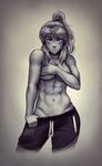  abs avatar_(series) blush covering covering_breasts cropped_legs dark_skin greyscale hair_tubes iahfy korra long_hair looking_at_viewer monochrome navel photo-referenced ponytail solo the_legend_of_korra 