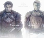  a_song_of_ice_and_fire armor black_hair blonde_hair cape crossover facial_hair game_of_thrones jo_(artist) male_focus marvel multiple_boys mustache namesake steve_rogers tony_stark 