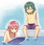  blue_eyes closed_eyes green_hair grin inazuma_eleven_(series) inazuma_eleven_go kariya_masaki kirino_ranmaru long_hair male_focus male_swimwear multiple_boys pink_hair riho sitting smile swim_trunks swimwear water wet 