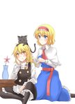  alice_margatroid apron ascot blonde_hair blue_eyes blush bounami braid capelet cat couple flower hairband kirisame_marisa long_hair multiple_girls no_hat no_headwear pantyhose short_hair side_braid sitting touhou waist_apron yellow_eyes yuri 