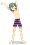  armpits arms_up barefoot full_body inazuma_eleven_(series) inazuma_eleven_go kariya_masaki looking_at_viewer male_focus male_swimwear navel nipples riho shirtless simple_background smile solo standing stretch swim_trunks swimwear white_background 