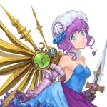  bare_shoulders black_gloves blue_eyes blush breasts cleavage clock collarbone covered_navel dagger dress frills gloves hat holding jyon mechanical_wings pink_hair puzzle_&amp;_dragons short_hair simple_background skuld_(p&amp;d) small_breasts solo strapless strapless_dress vambraces weapon white_background wings 