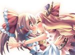  blonde_hair blush bow brown_eyes brown_hair closed_eyes detached_sleeves glomp hair_bow hakurei_reimu higuredachi horn hug ibuki_suika kiss long_hair multiple_girls short_hair surprise_kiss surprised touhou yuri 