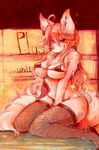  abstract_background big_breasts bottomless bow bra breasts canine clothed clothing female fur hair half-dressed kemono leggings legwear lingerie long_hair looking_at_viewer mammal panties pipisan sitting skimpy smile solo stockings underwear voluptuous 