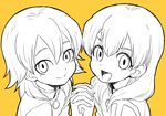  crossover face holding_hands inazuma_eleven inazuma_eleven_(series) inazuma_eleven_go kariya_masaki long_hair looking_at_viewer male_focus miyasaka_ryou monochrome multiple_boys open_mouth riho simple_background smile time_paradox upper_body yellow_background 