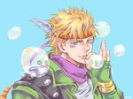  bad_id bad_pixiv_id blonde_hair bubble caesar_anthonio_zeppeli epiko_(aki) facial_mark feathers fingerless_gloves gloves green_eyes green_jacket hair_feathers headband jacket jojo_no_kimyou_na_bouken male_focus scarf solo 