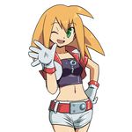  blonde_hair gloves green_eyes muu_(mumumer) one_eye_closed open_mouth race_queen rockman rockman_dash roll_caskett smile solo 