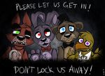  2014 avian bear bib bird blue_eyes bonnie_(fnaf) bow brown_fur canine chica_(fnaf) chicken english_text eye_patch eyewear five_nights_at_freddy&#039;s fox foxy_(fnaf) freddy_(fnaf) fur green_eyes hat hook lagomorph looking_at_viewer machine mammal mechanical purple_eyes purple_fur rabbit red_eyes red_fur robot sad teeth text xiamtheferret yellow_feathers 