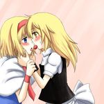  alice_margatroid apron ascot blonde_hair blue_eyes blush bounami capelet couple food fruit hairband hands_on_another's_cheeks hands_on_another's_face kirisame_marisa long_hair multiple_girls open_mouth short_hair strawberry tongue touhou waist_apron wrist_cuffs yellow_eyes yuri 