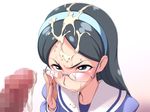  1girl bad_id bad_pixiv_id bangs black_eyes black_hair censored cum cum_on_glasses cum_on_hair facial frown glasses go!_princess_precure hetero kira_keita kisaragi_reiko long_hair mosaic_censoring parted_bangs penis precure solo_focus 