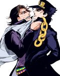  black_hair blue_eyes brown_hair chain collar_grab hat jojo_no_kimyou_na_bouken kuujou_joutarou male_focus mapi multiple_boys red_eyes stardust_crusaders steely_dan sweat vest 