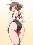  ass backless_outfit blush brown_hair competition_swimsuit flying_sweatdrops gloves gradient gradient_background green_eyes hand_on_thigh headgear kantai_collection mutsu_(kantai_collection) one-piece_swimsuit open_mouth shinori short_hair solo swimsuit white_gloves 