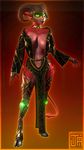  big_breasts big_horns breasts claws cleavage clothed clothing demon ezria female gem glowing glowing_eyes gold gown green_sclera hooves jessica_anner lingerie long_ears metal red_scales revealing solo spaded_tail succubus translucent 