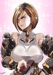  apollonia_vaar armor artist_name bangs bare_shoulders black_armor blue_eyes bob_cut box breasts brown_hair butcha-u chocolate detached_sleeves embarrassed flower gift gift_box giving gradient gradient_background granblue_fantasy hair_between_eyes halterneck hand_on_hip large_breasts leotard looking_away md5_mismatch pink_background red_flower red_rose rose short_hair sideboob signature solo sparkle swept_bangs taut_clothes tsundere turtleneck valentine 