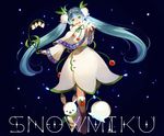  ahoge aqua_eyes aqua_hair bad_id bad_pixiv_id boots brown_footwear bunny character_name flower fur_boots hatsune_miku headset long_hair moocho open_mouth outstretched_arm snowdrop_(flower) twintails very_long_hair vocaloid yuki_miku yukine_(vocaloid) 
