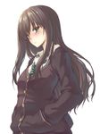  black_hair blush cardigan green_eyes hands_in_pockets idolmaster idolmaster_cinderella_girls long_hair long_sleeves necktie oukawa_yuu school_uniform shibuya_rin shirt solo very_long_hair 