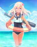  bad_proportions blonde_hair blue_eyes crop_top flower hair_flower hair_ornament highres kantai_collection lifebuoy long_hair nomio one-piece_swimsuit ro-500_(kantai_collection) sailor_collar school_swimsuit swimsuit swimsuit_under_clothes tan tanline torpedo wading water 