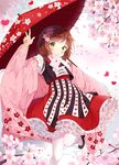  blush braid brown_hair cherry_blossoms envelope flower green_eyes hair_flower hair_ornament heart hitsukuya long_sleeves looking_at_viewer low_twintails mouth_hold oriental_umbrella original pantyhose smile solo twin_braids twintails umbrella v white_legwear 