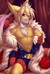  2015 anthro canine cape clothing crown fox male mammal muscles open_clothing pollo-chan red_eyes seductive smile solo tattoo 