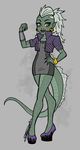  bracelet fan_character female godzilla godzilla_(series) hair high_heels jewelry looking_at_viewer monster_high pointy_ears ponytail solo vest white_hair wide_hips yellow_eyes 