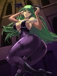  ass bare_shoulders boots breasts bridal_gauntlets capcom demon_girl female from_behind from_below green_eyes green_hair head_wings high_heel_boots high_heels huge_ass large_breasts leotard long_hair looking_at_viewer looking_down morrigan_aensland pantyhose parted_lips shiny shiny_clothes shiny_skin solo tenji thick_thighs vampire_(game) 