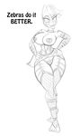  &lt;3 2015 anthro areola black_and_white breasts clothing collar condom corset equine fan_character female fishnet hands_on_hips jrvanesbroek legwear mammal monochrome my_little_pony nipple_bulge panties pasties plain_background sketch solo stockings stripes underwear white_background wide_hips zebra 