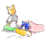  anthro back-turned blanket blush canine duo eyes_closed female fluffy fox fox_mccloud krystal male mammal nintendo plain_background star_fox straight video_games white_background 