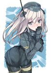  black_legwear blonde_hair blue_eyes blush cropped_jacket dress garrison_cap haruyuki_(yukichasoba) hat kantai_collection long_hair long_sleeves military military_uniform pantyhose puffy_long_sleeves puffy_sleeves smile solo u-511_(kantai_collection) uniform white_hair 