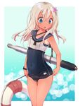  :o blonde_hair blue_eyes bracelet clothes_writing collarbone covered_navel crop_top double_vertical_stripe flower hair_flower hair_ornament hato_haru japanese_flag jewelry kantai_collection lifebuoy long_hair looking_down one-piece_swimsuit one-piece_tan open_mouth ro-500_(kantai_collection) school_swimsuit school_uniform serafuku solo swimsuit swimsuit_under_clothes tan tanline torpedo 