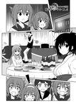  6+girls admiral_(kantai_collection) blush bottle chair comic desk desk_lamp folded_ponytail food greyscale hair_ornament hairband hat highres ikazuchi_(kantai_collection) inazuma_(kantai_collection) japanese_clothes kaga_(kantai_collection) kamio_reiji_(yua) kantai_collection kongou_(kantai_collection) lamp long_hair military military_uniform monochrome moon multiple_girls naval_uniform non-web_source open_mouth school_uniform serafuku shiratsuyu_(kantai_collection) short_hair side_ponytail skirt suzuya_(kantai_collection) uniform ushio_(kantai_collection) yua_(checkmate) 