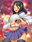  1girl black_hair blush breasts female kawanuma_uotsuri large_breasts long_hair midriff mole school_uniform solo wink 