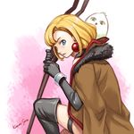  bird blonde_hair blue_eyes earrings elbow_gloves gloves jewelry junketsu_no_maria looking_at_viewer maria_(junketsu_no_maria) owl short_hair solo thigh_strap thighhighs 