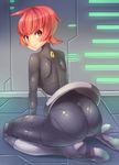  ass bodysuit boots from_behind grey_footwear high_heel_boots high_heels kazo knee_boots looking_back mars_(pokemon) pokemon pokemon_(game) pokemon_dppt red_eyes red_hair seiza short_hair sitting solo team_galactic uniform 