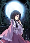  bamboo bamboo_forest black_hair bow forest full_moon houraisan_kaguya long_hair long_sleeves looking_at_viewer moon nature night red_eyes satou_kibi shirt skirt smile solo star_(sky) touhou wide_sleeves 
