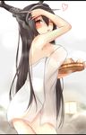  absurdres bare_shoulders black_hair blush breasts bucket hairband heart highres kantai_collection lantern large_breasts letterboxed long_hair looking_at_viewer nagato_(kantai_collection) naked_towel one_eye_closed onsen open_mouth saku_(kudrove) solo steam towel wooden_bucket 