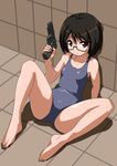  bad_id bad_pixiv_id barefoot black_hair brown_eyes glasses green-framed_eyewear gun handgun holding holding_gun holding_weapon one-piece_swimsuit original rohitsuka school_swimsuit semi-rimless_eyewear short_hair sig_sauer sig_sauer_p226 sitting solo spread_legs swimsuit trigger_discipline under-rim_eyewear weapon 